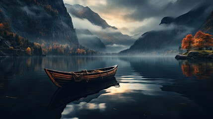 wooden boat sitting on the dock with in the calm lake water with misty mountains and forest in the background created with Generative AI Technology  - obrazy, fototapety, plakaty
