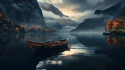 Fotobehang wooden boat sitting on the dock with in the calm lake water with misty mountains and forest in the background created with Generative AI Technology  © AstraNova