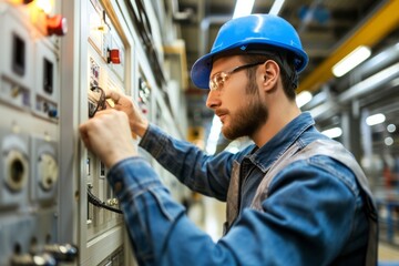 Experienced electrician fixing electrical components in a large industrial complex.