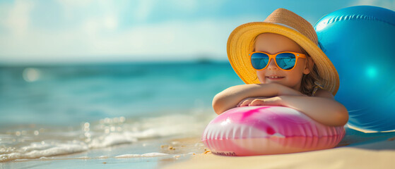 Fototapeta premium Sunny Beach Adventure: Young Girl with Bright Orange Sunglasses Relishing Summer Vacation by the Sea