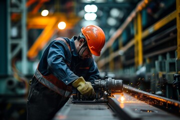 Industrial worker in a helmet using a powerful handheld drill on a steel surface.