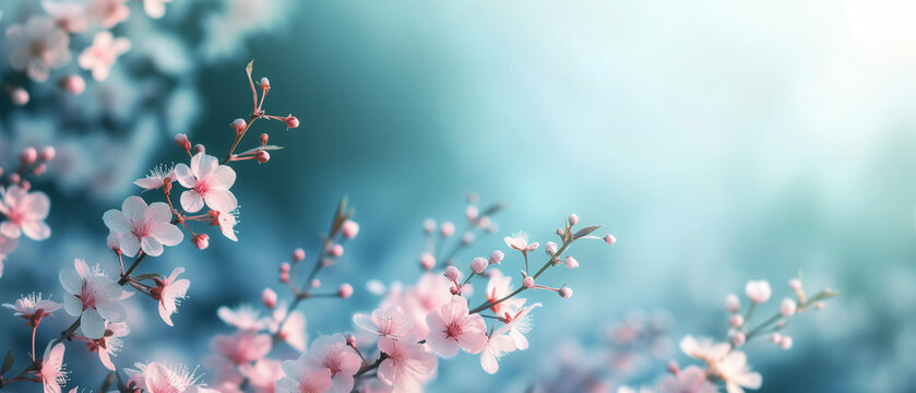 Serenely Blossoming Cherry Flowers with Soft Blue Background, a Whiff of Spring Elegance