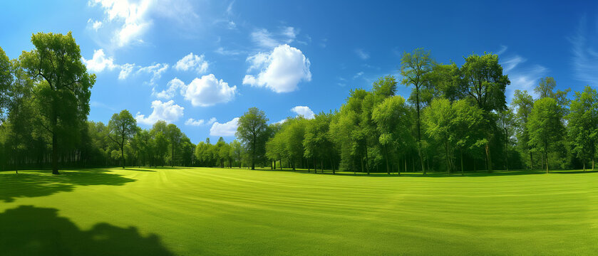 Vibrant Green Landscape under Blue Sky with Fluffy Clouds - A Peaceful Day in the Park with Lush Trees