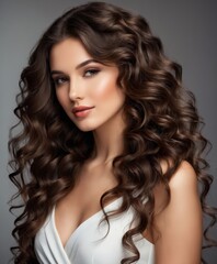 Brunette girl with long and shiny wavy hair. Advertise ready for hair products