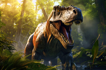 A t-rex dinosaur is walking through a forest with its mouth open