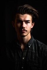 portrait of a handsome young man standing against a dark background