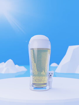 青い空と氷に囲まれた極寒に冷えたビールと泡と白熊