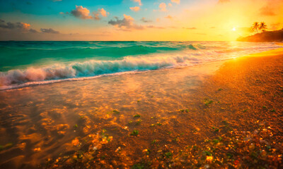 beautiful beach and palm trees. Selective focus. - obrazy, fototapety, plakaty