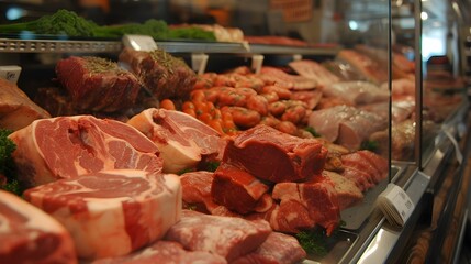 Assorted Fresh Meat Display at Butcher Shop