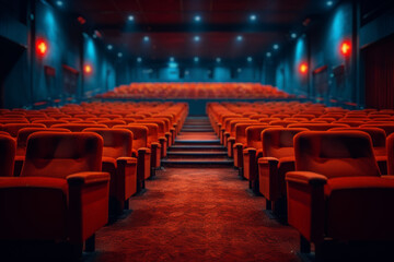 A photograph capturing the symmetrically aligned rows of chairs in a theater, highlighting the geometric precision and balanced layout of seating.  Generative Ai.