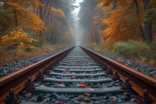 A series of parallel train tracks converging into the distance, showcasing the balanced and geometric elements inherent in railway infrastructure. Concept of balanced railway geometry. Generative Ai.