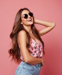 Wonderful young woman with long hair having fun on rosy background