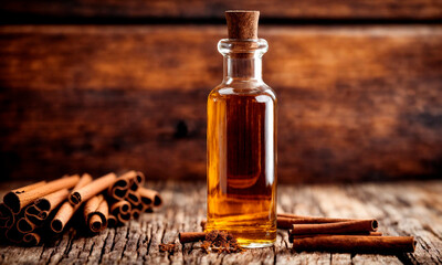 Obraz na płótnie Canvas cinnamon essential oil in a bottle. Selective focus.