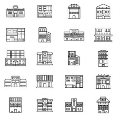PrintBuildings line icon set. Bank, school, courthouse, university, library. Architecture concept. Can be used for topics like office, city, real estate