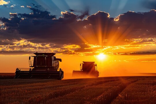 Sunset combines create sunburst in Saskatchewan, Canada.