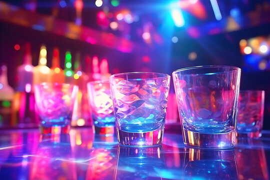 A row of shot glasses filled with different colored liquids on a bar