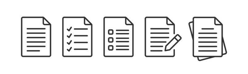 Paper documents icon. File text, check mark, pencil, check list signs. Sign contract.