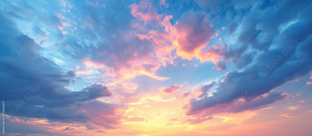 Wall mural at dusk, the sun illuminates the sky with a golden glow, shining through the clouds in the atmospher