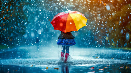 A little girl is holding a colorful umbrella in the rain