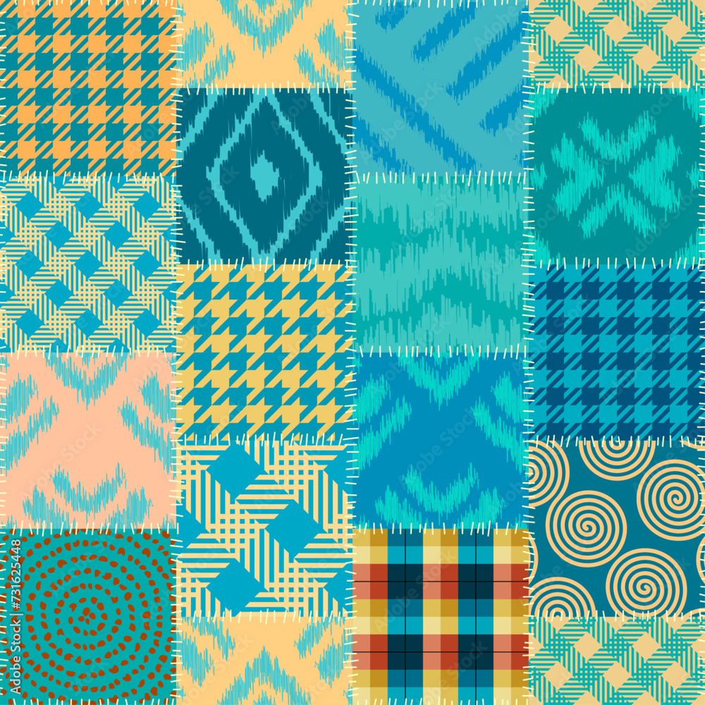Leinwandbilder Quilting design patchwork pattern with teal colors. Vector pattern.