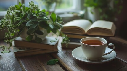 Fototapeta premium Cozy Reading Corner with Tea and Houseplants