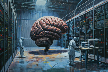 A brain image stored in a server room, merging art and human body details.