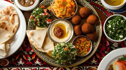 Assorted Middle Eastern Dishes on Decorative Tablecloth