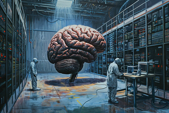 A brain image stored in a server room, merging art and human body details.