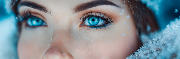 The girl's eyelashes were frozen. Selective focus.