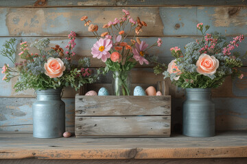 A rustic Easter display featuring weathered wooden crates filled with fresh blooms and eggs. Concept of rustic Easter decor. Generative Ai.