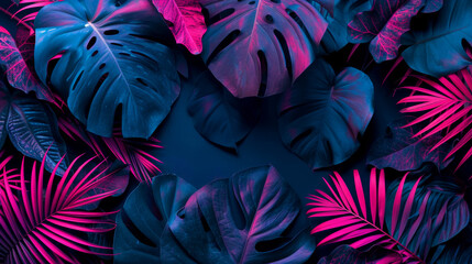 Tropical leaves in neon colors on black background. exotic leaf with neon party glow, colorful blue backdrop. Creative fluorescent color layout made of tropical leaves. Nature concept.
