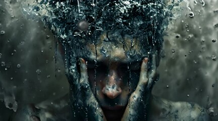 Desperate sad man putting his head in his palms as the dirt and filth purs on his body