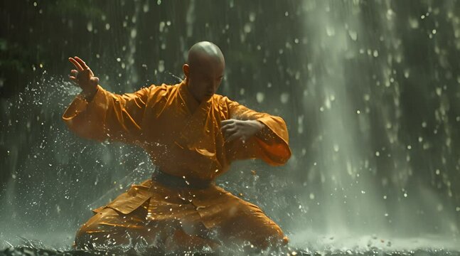 Soaking wet shaolin monk practicing ancient techniques next to a waterfall