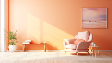 A modern living room bathed in warm sunlight, green potted plant adds touch of nature, contrasting beautifully with peach-colored wall with copyspace, above chair hangs framed beach landscape painting
