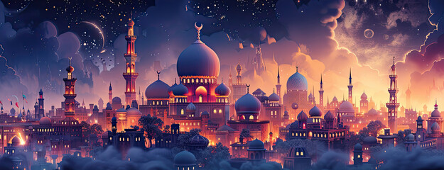 Fototapeta premium Arabian Night's Tale: An imaginative scene inspired by the tales of One Thousand and One Nights, magical carpets, genies' lamps, and ancient cities, with Magical Ramadan in enchanting lettering
