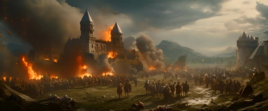 Medieval armies battling in front of a burning castle