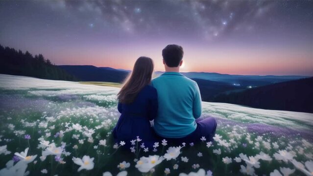 romantic couple sitting on a hillside