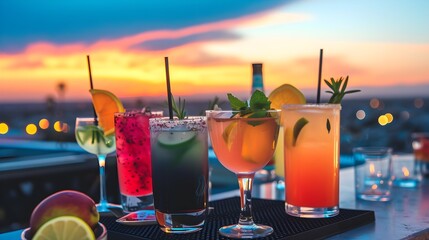 Colorful Cocktails at Sunset Rooftop Bar - obrazy, fototapety, plakaty
