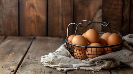 Fresh Eggs in a Wire Basket on Rustic Wooden Table