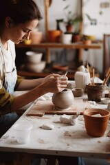 cropped shot of a woman using her cellphone while working in her ceramics workshop