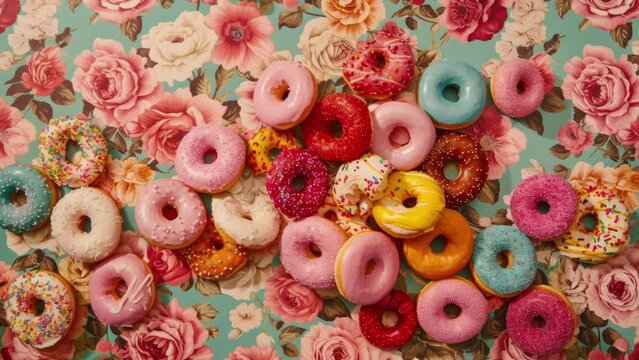 A pile of tasty donuts with a floral wallpaper background