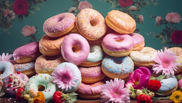 A pile of tasty donuts with a floral wallpaper background