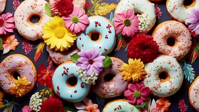 A pile of tasty donuts with a floral wallpaper background