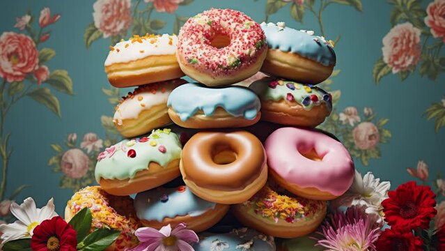 A pile of tasty donuts with a floral wallpaper background