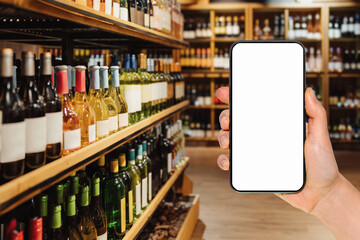 Smart phone with empty screen in female's hand in front of liquor store. Online ordering and...