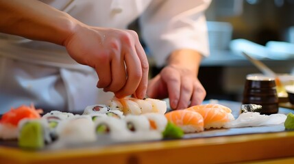 Obraz na płótnie Canvas Chef Preparing Sushi on a Wooden Board
