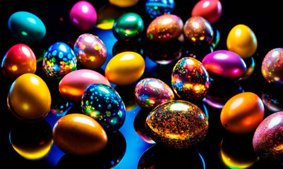 holographic Easter eggs on a shiny background. Selective focus.
