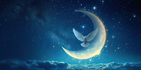 Obraz na płótnie Canvas Moon and Dove Peace: A serene design featuring a dove flying across a crescent moon, symbolizing peace and hope during Ramadan, with Peaceful Ramadan in harmonious script against a starry night sky