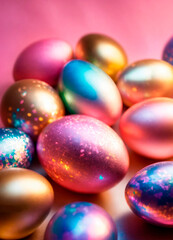 Fototapeta na wymiar holographic Easter eggs on a shiny background. Selective focus.