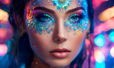 shiny multi-colored makeup on a woman's face. Selective focus.